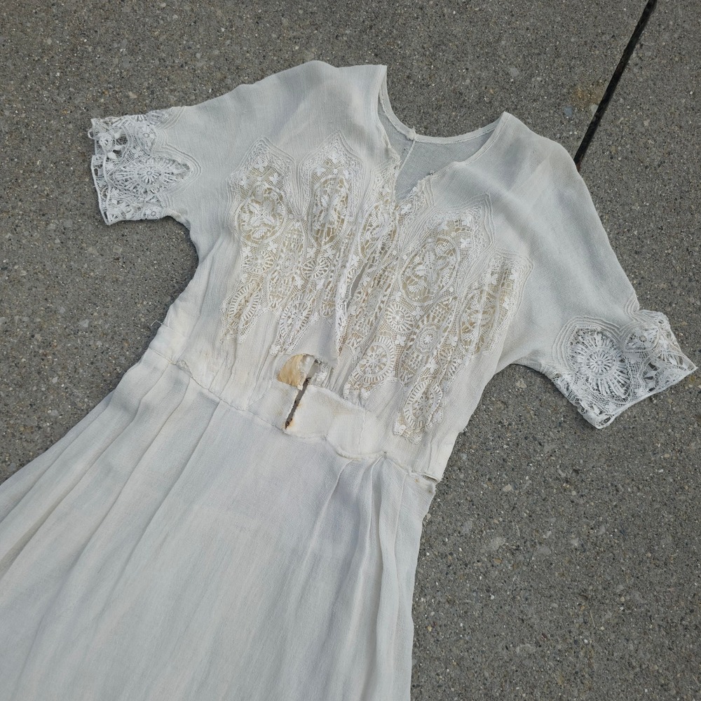 Antique 1900s Edwardian White Cotton Lawn Tea Dress Lace Gown Hi-Low Victorian - Picture 6 of 16